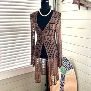 VTG Bette Paige,Crochet Macramé 3-Button Cardigan,Chestnut,Fall Perfect!Size L